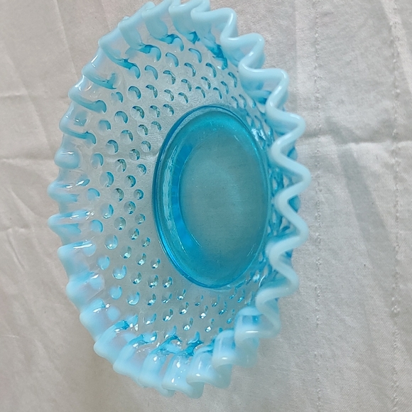 Fenton Other - Vintage Fenton turquoise opalescent glass hobnail ruffled edge bowl
